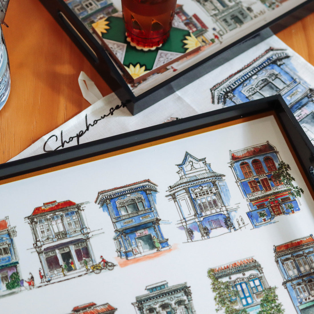 Blue Lacquer Tray - Blue Shophouses